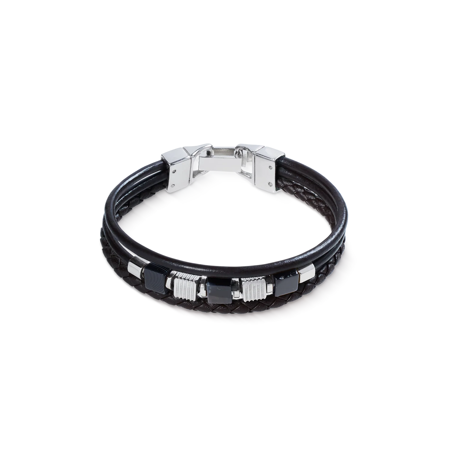 Black Leather Bracelet 3-Strand with Banded Onyx and Graphic Relief Stainless Steel Cubes