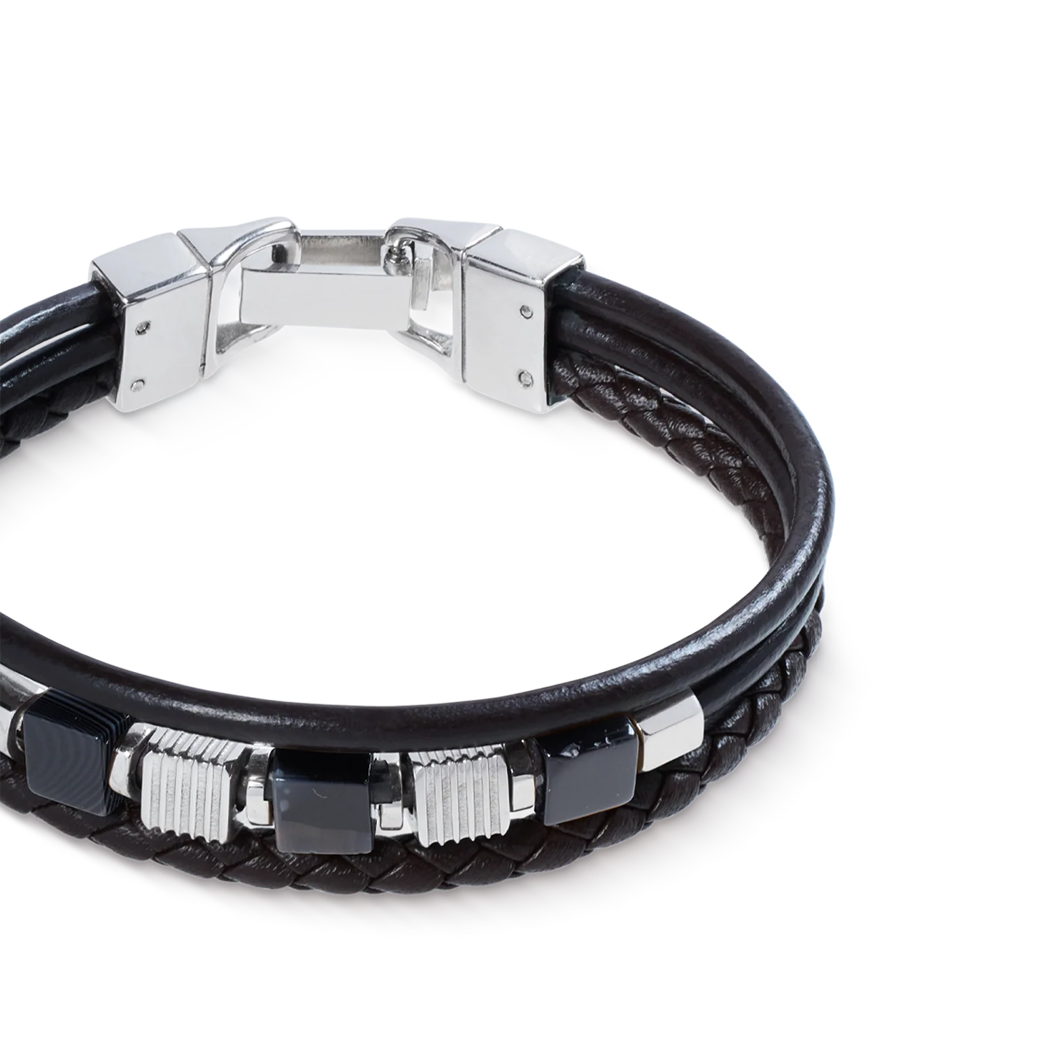 Black Leather Bracelet 3-Strand with Banded Onyx and Graphic Relief Stainless Steel Cubes - Image 2