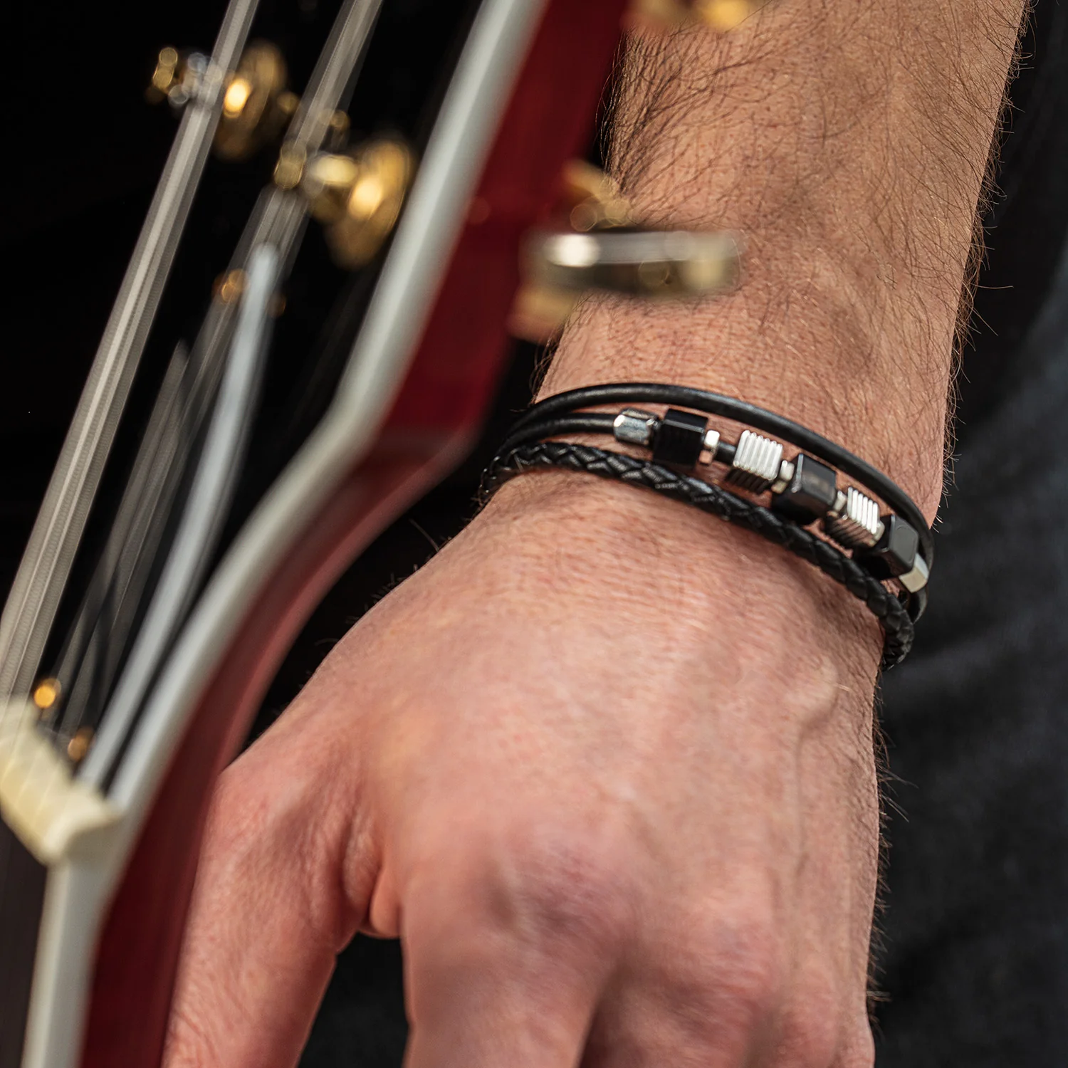 Black Leather Bracelet 3-Strand with Banded Onyx and Graphic Relief Stainless Steel Cubes - Image 3