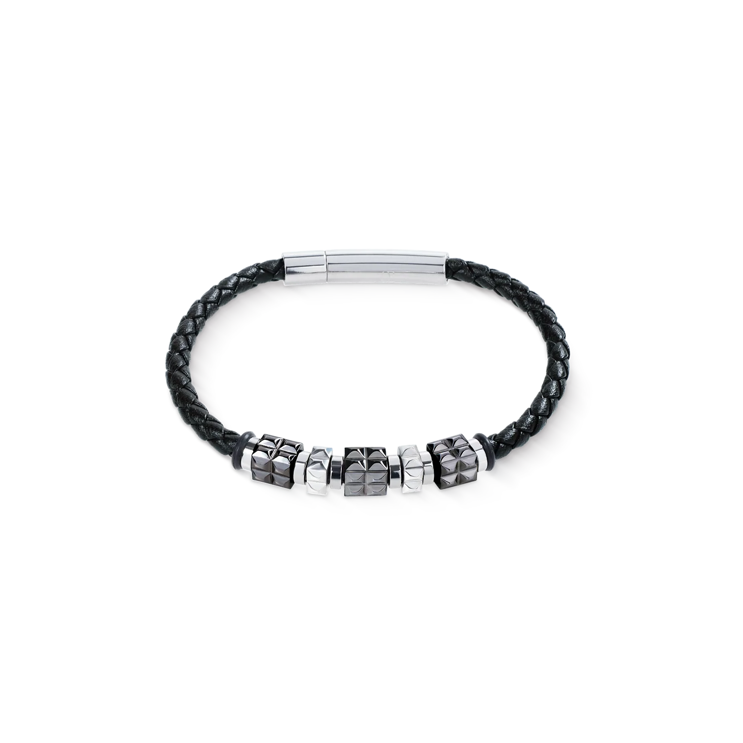 Black Leather Bracelet with Gun Metal Stainless Steel Spikes Cubes