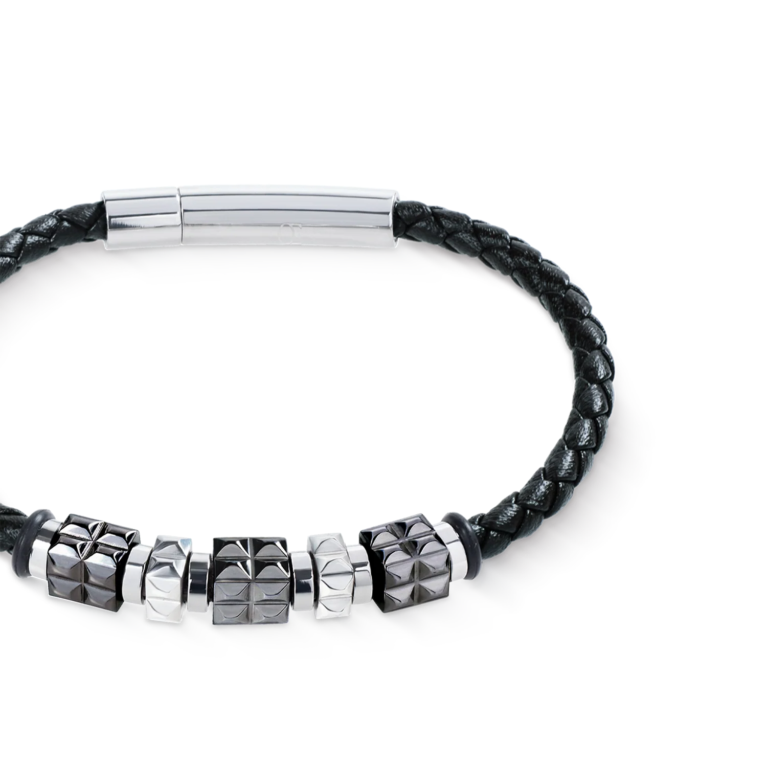 Black Leather Bracelet with Gun Metal Stainless Steel Spikes Cubes - Image 2