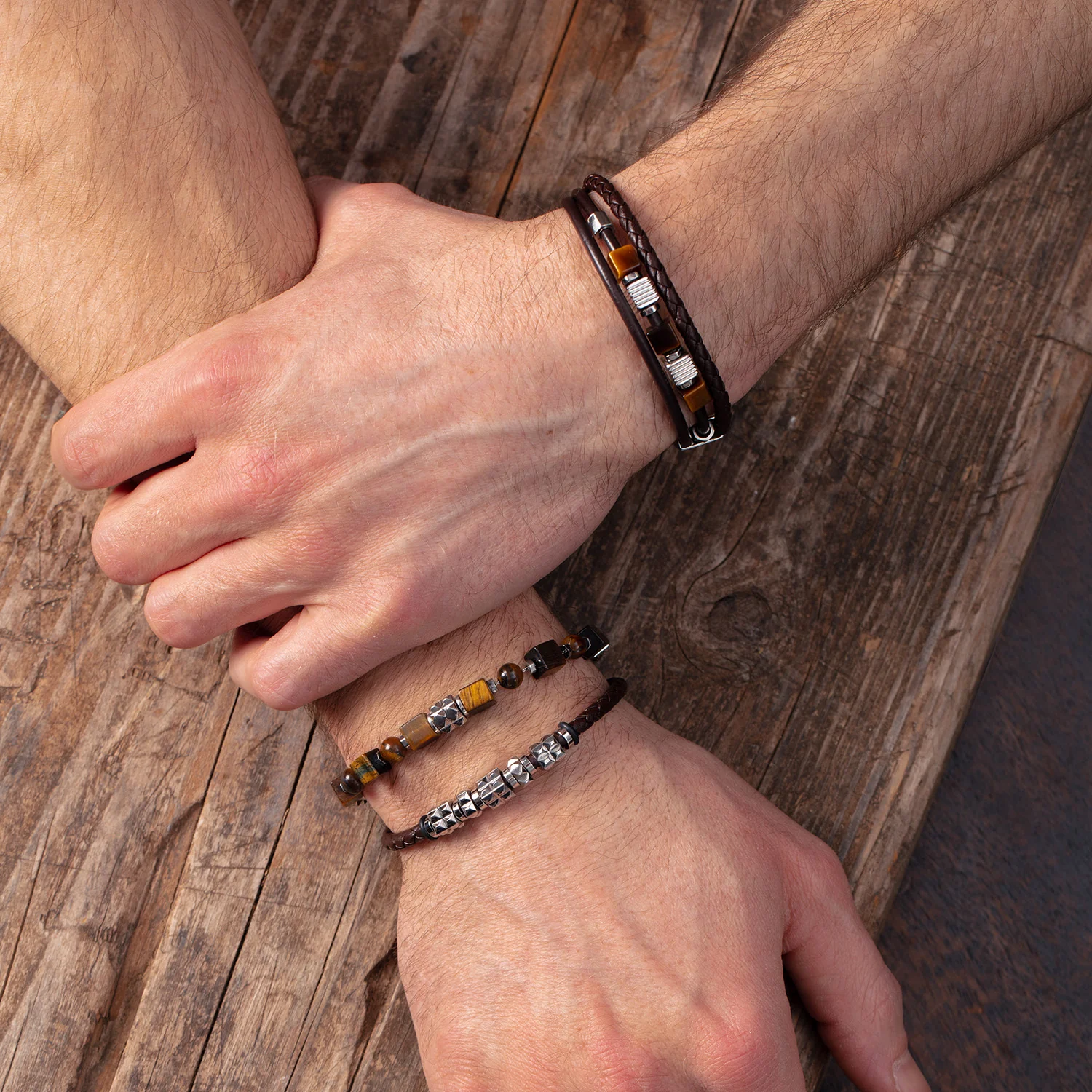 Brown Leather Bracelet with Stainless Steel Spikes Cubes - Image 3