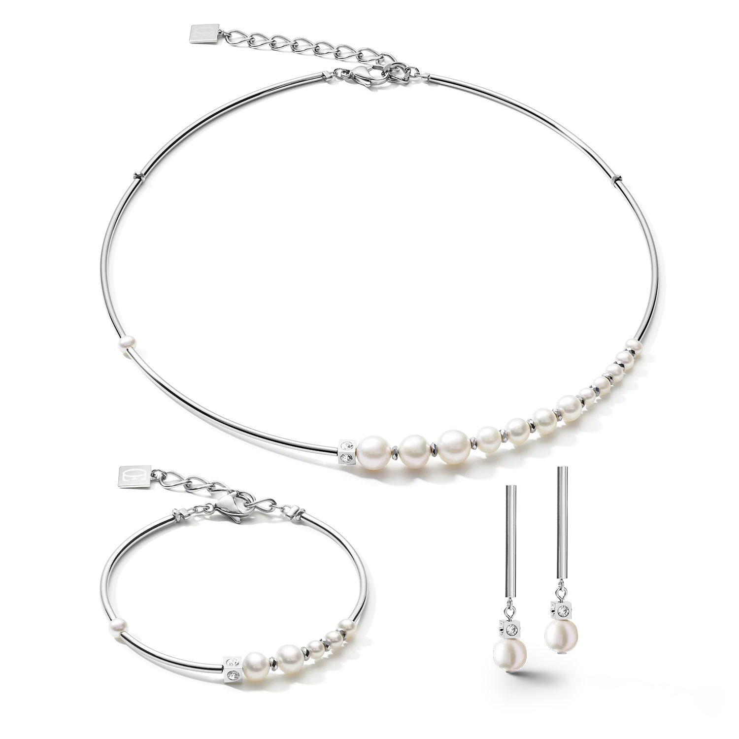 Earrings Asymmetry freshwater pearls & stainless steel white-silver - Image 3