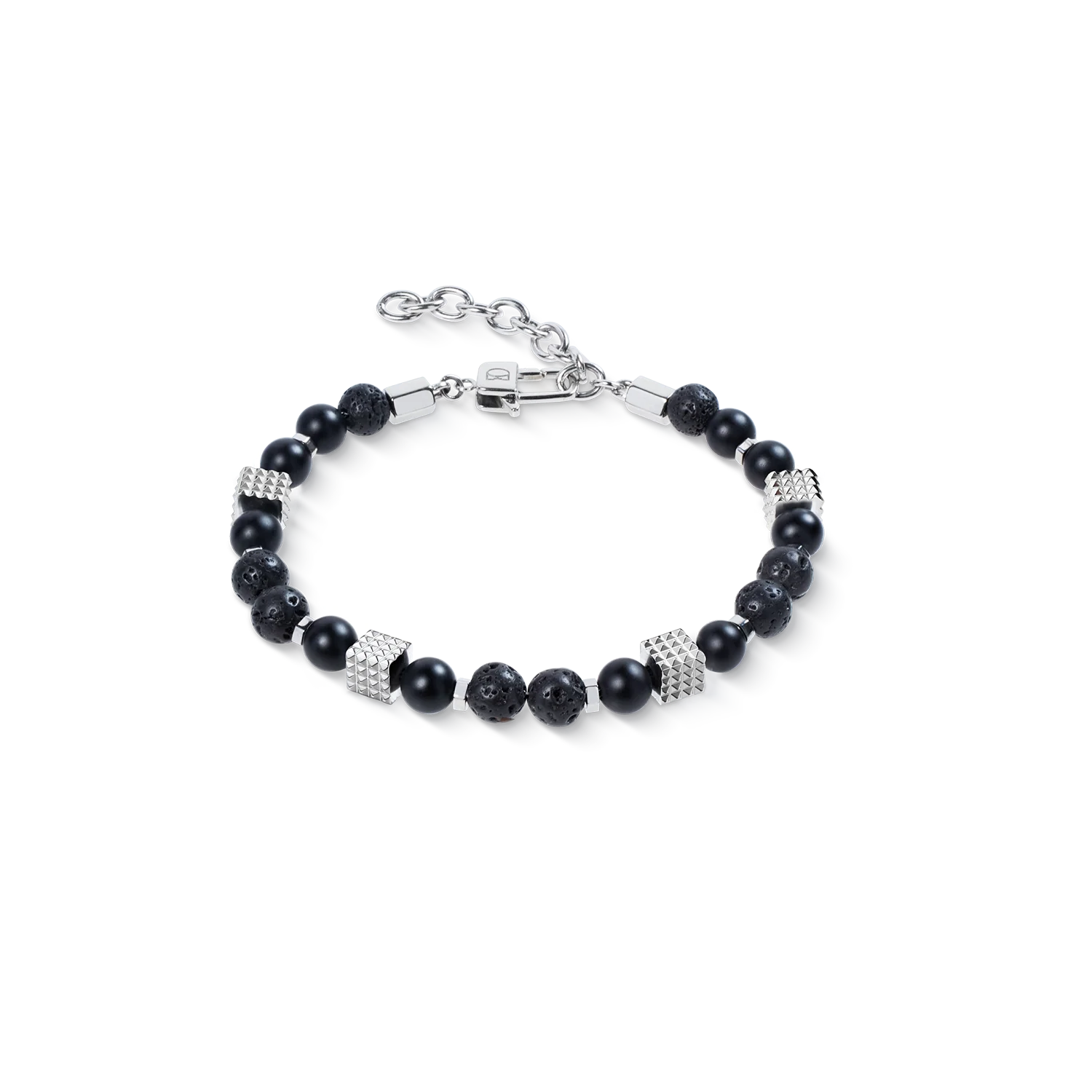 Onyx and Lava Bead Bracelet with Mini Spikes Cubes in Stainless Steel