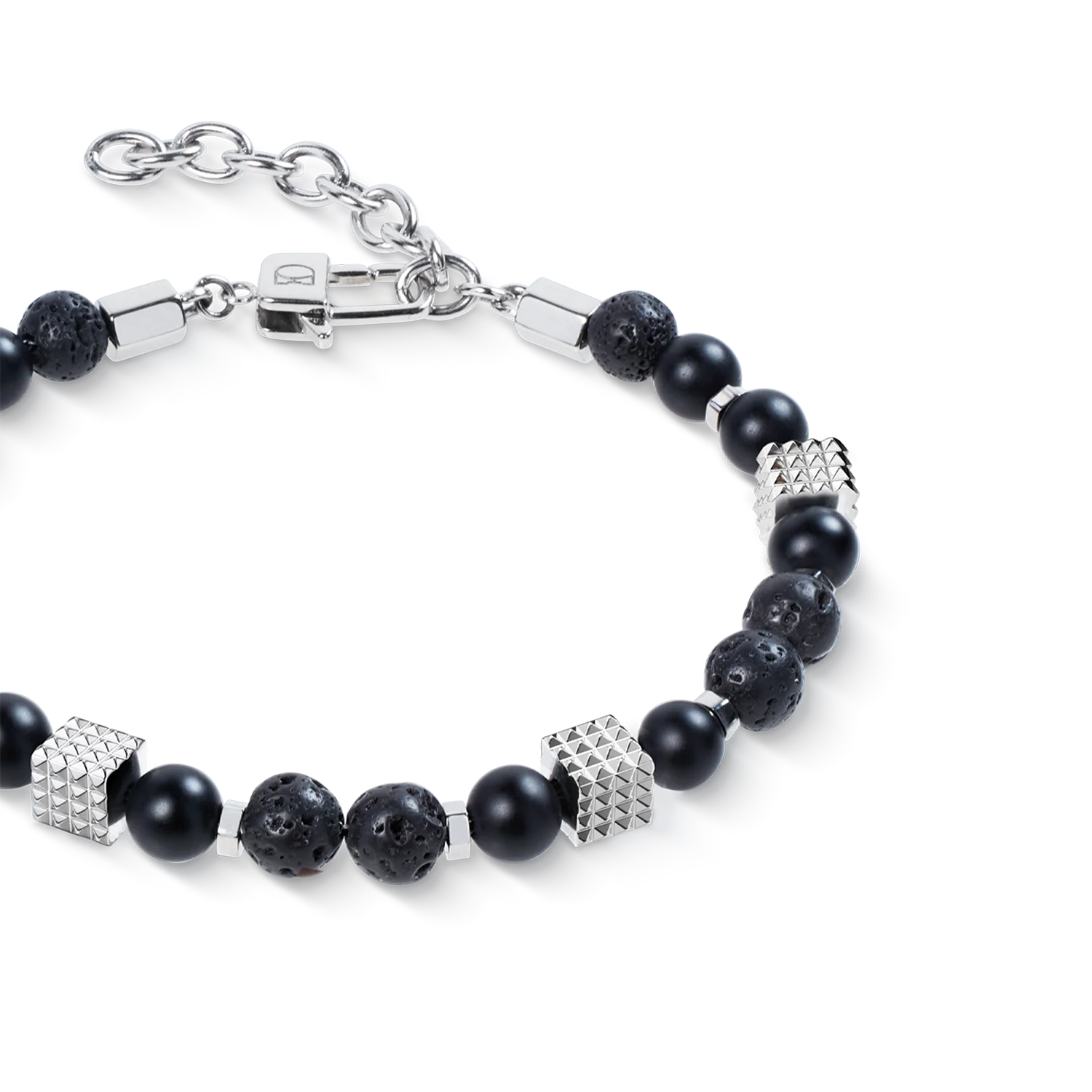 Onyx and Lava Bead Bracelet with Mini Spikes Cubes in Stainless Steel - Image 2