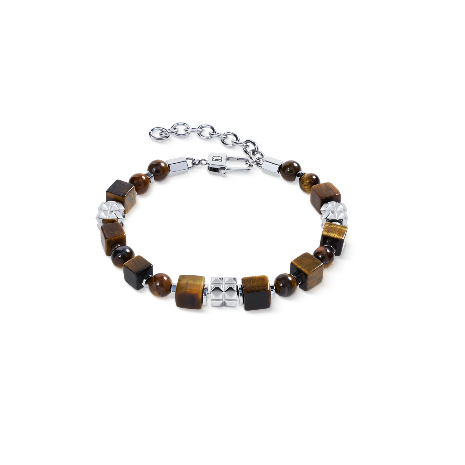Tiger Eye Cube and Bead Bracelet with Stainless Steel Spikes Cubes