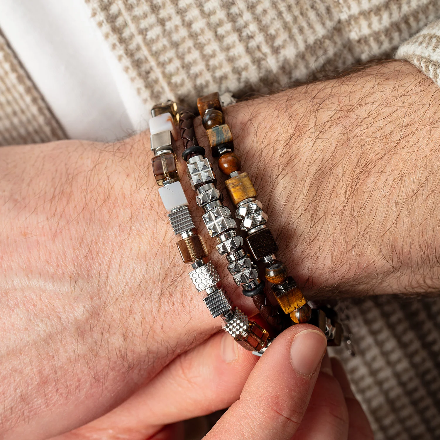 Tiger Eye Cube and Bead Bracelet with Stainless Steel Spikes Cubes - Image 3